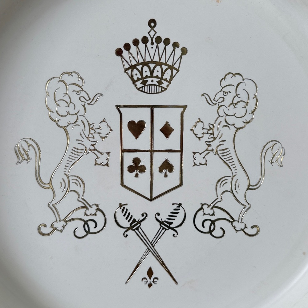 Mid Century Lions Crest Crown Gold and White Round Cocktail Bar Tray - 13”